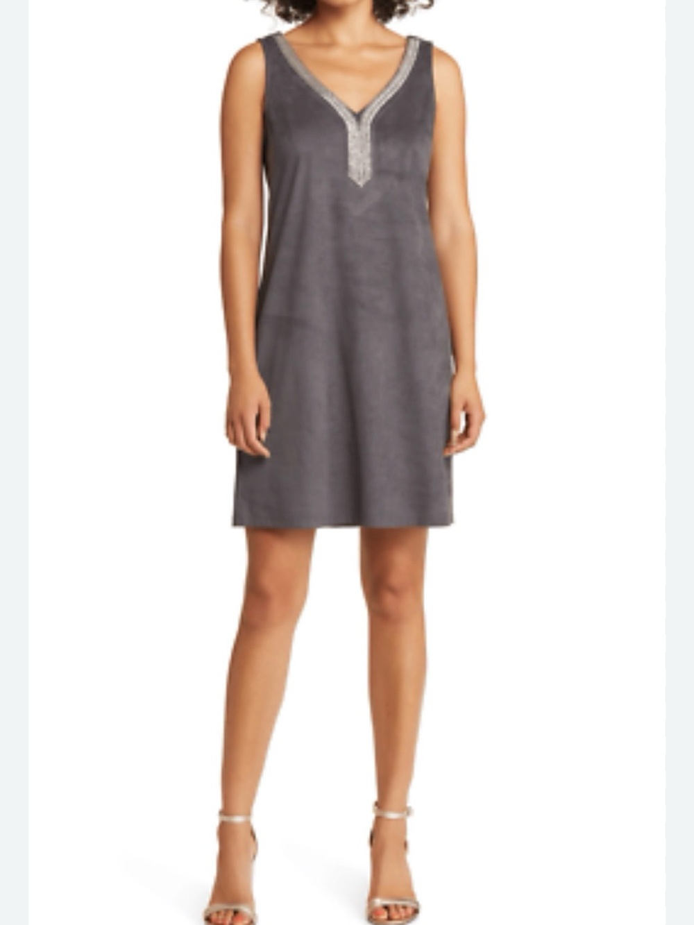 Tommy Bahama Gray Sleeveless V-Neck Embellished Shift Dress